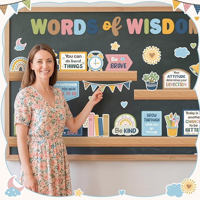 Qilery Bookshelf Bulletin Board Set, Pastel Boho Words of Wisdom Motivational Classroom Decor, Inspirational Cutouts for Back to School Reading Corner Teacher Supplies, Positive Affirmation Wall Decor
