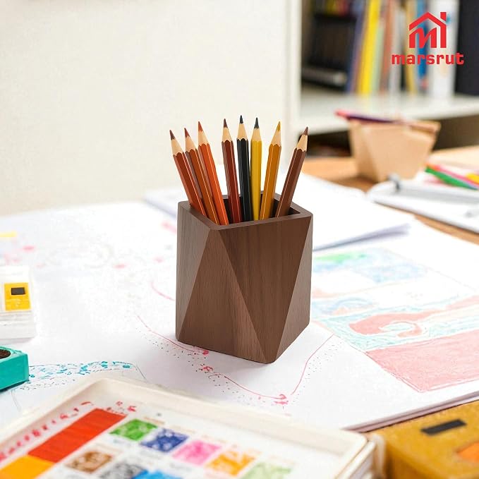 Geometric Pencil Holder, Wooden Pen Holder, Wood Cute Prismatic Storage Pot Cup Organizer Stand, Black Walnut, Multi-functional Accessories for Desktop, Office, School Supplies, Makeup Brushes, Home