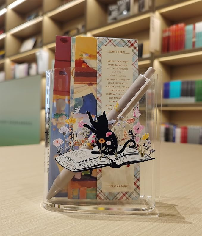 Bookmarks Holders Bookshelf Bookcase Decor, Home Office Desk Organizer, Book Marks Pen Pencil Holder, Friends Book Lover Gifts (Cat)
