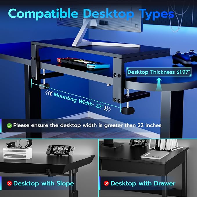 ARES WING 21.7 inches Desk Extender Shelf, 21.7"x 9.8" Versatile Clamp on Desk Shelf, Heavy Duty Desktop Organizer for Gaming and Office Accessories, Black