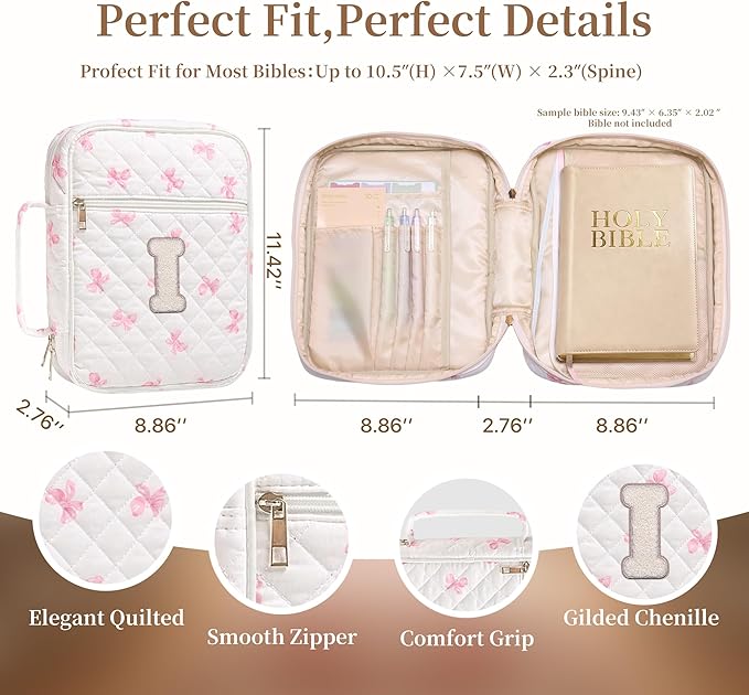Personalized Initial Bible Cover Case for Women – Large Quilted Bible Bag with Handle, Chenille Letter, Bible Study Kit, Christian Gift for Mom, Grandma & Daughter (Pink Bow-I)
