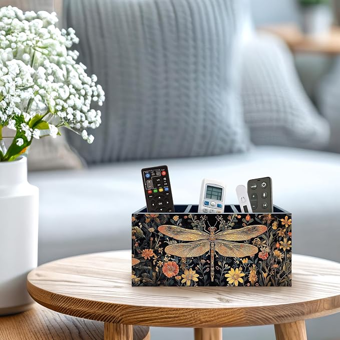 Dark Academia Dragonfly Floral Pen Holder, Vintage Moody Office Pen Pencil Holder Organizer for Desk Accessories, Whimsical Insect Wooden Box Desk Decor for Home Office Desk Decorations