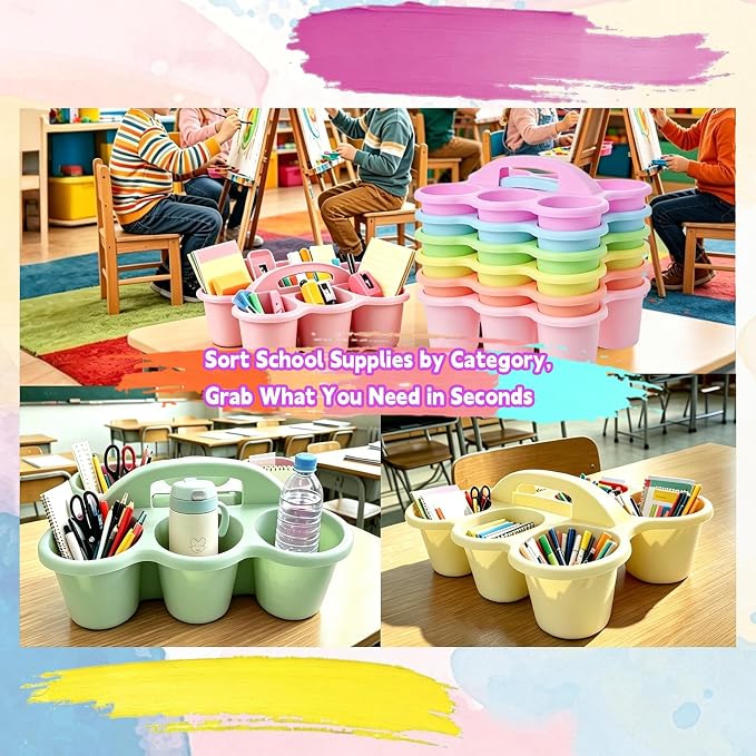 6 Pack Classroom Caddy Organizer with Handle Pastel Plastic Table Caddy 6 Compartments Storage Cup Holder for School Supplies Art Crafts Crayons Pencils Stackable Desk Caddy for Office Home