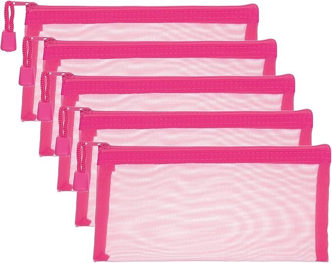 PATIKIL A6 Mesh Zipper Pouch Bags, 5 PCS Mesh Bags with Zipper Plastic Storage Pocket for Organizing File Beads Office Home Supplies, 10x20cm, Rose Red