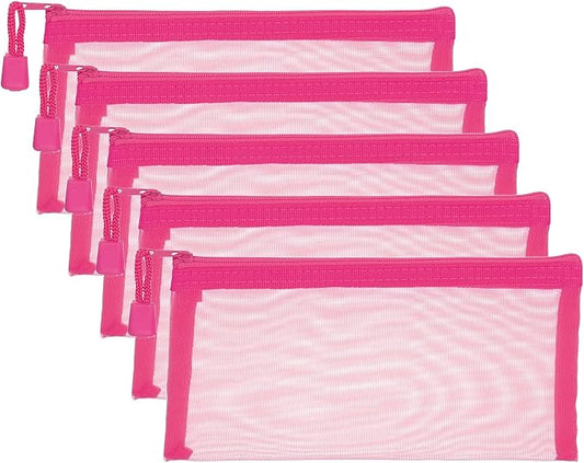 PATIKIL A6 Mesh Zipper Pouch Bags, 5 PCS Mesh Bags with Zipper Plastic Storage Pocket for Organizing File Beads Office Home Supplies, 10x20cm, Rose Red