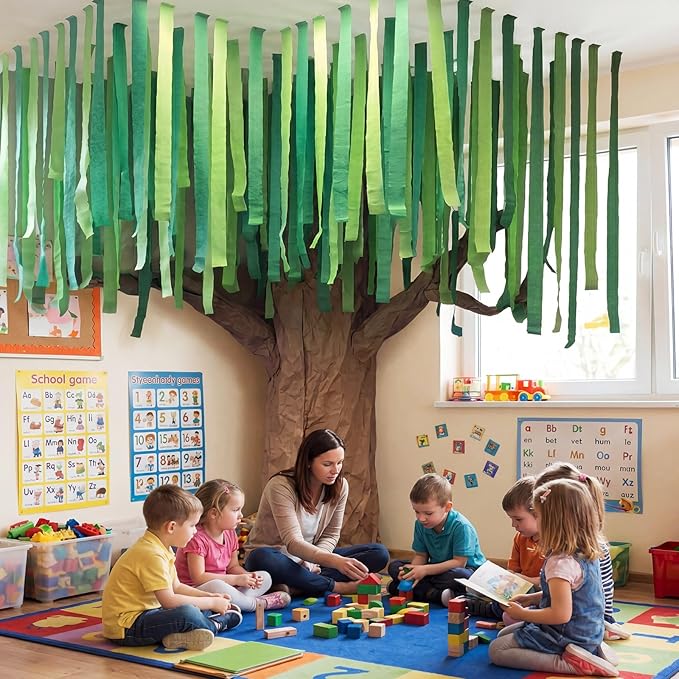Watersay Classroom Tree Bulletin Board Decorations Set 196 ft Green Crepe Paper 98 ft Brown Kraft Paper Roll DIY 3D Cardboard Tree Woodland Bulletin Board Wall Decoration for School Teacher Chalkboard