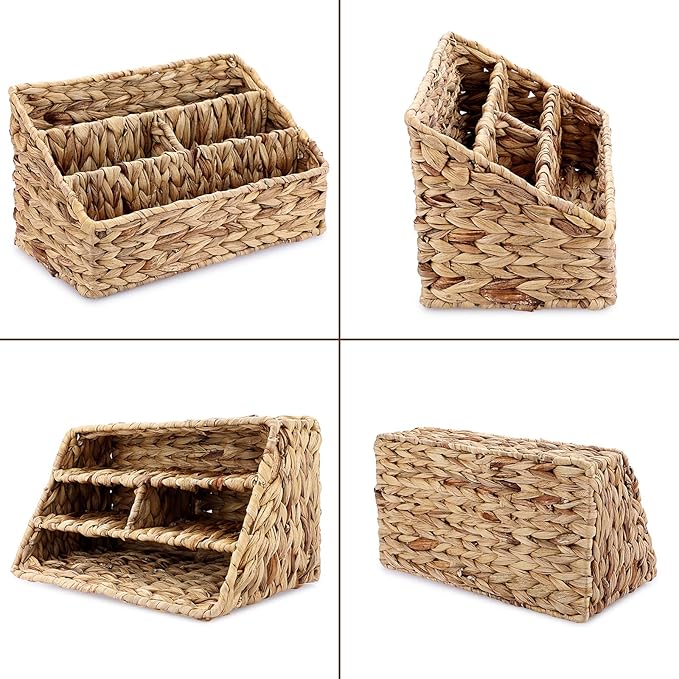 BTSKY Woven Divided Storage Basket Natural Hyacinth Vertical Wicker Storage Baskets 4 Compartments Desktop Home Office Supplies Sorter Rack