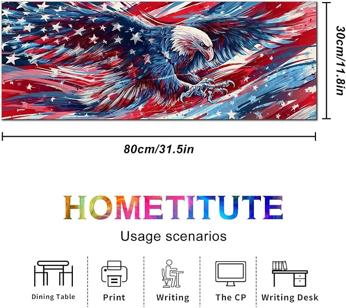 HOMETITUTE Large Mouse Pad 31.5 x 11.8 Inch Bald Eagle American Flag Desk Mat Extended Gaming Mousepad Non Slip Waterproof Desk Pad Keyboard Mat Office Computer Accessories