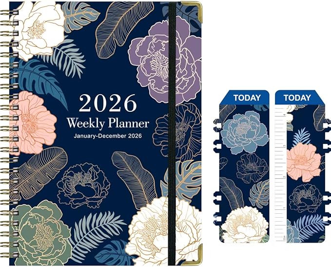 2026 Planner Weekly and Monthly Agenda Notebook, 6" X 8" Spiral Hardcover Daily Planner Calendar with Tab, Bookmarker, Elastic Band and Back Pocket, Office Supplies for Women Blue Floarl