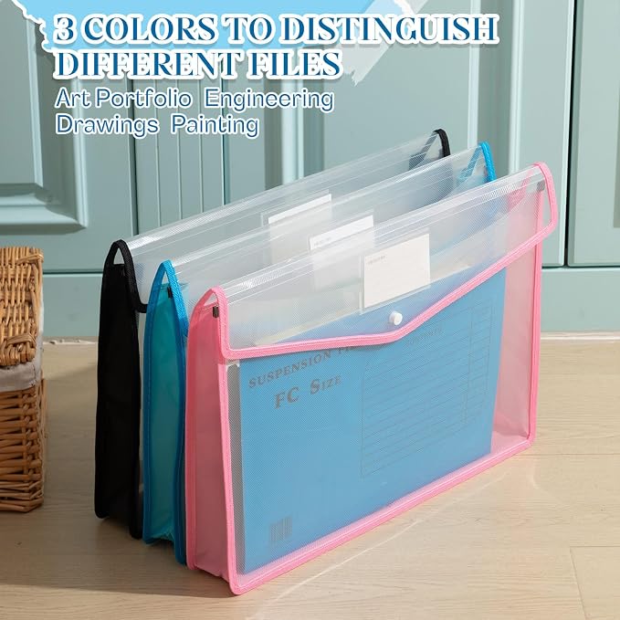 AmazingSpark 3 Pcs 11 x 17 Inch Expandable Tabloid Size Document Folder Organizers with Snap Closure & Label, Clear Plastic Expanding File Folder for A3 Ledger Size Plots Charts (Mix Colored)