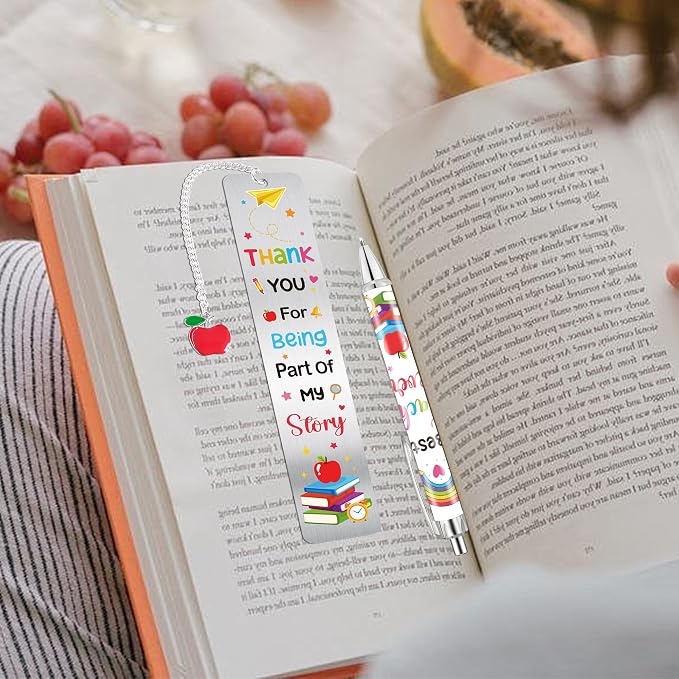 Teacher Bookmark and Pen Gift Set, Thank You Teacher Gifts Metal Book Mark with Charm, Appreciation Christmas Birthday Gifts for Teachers School Office Supplies