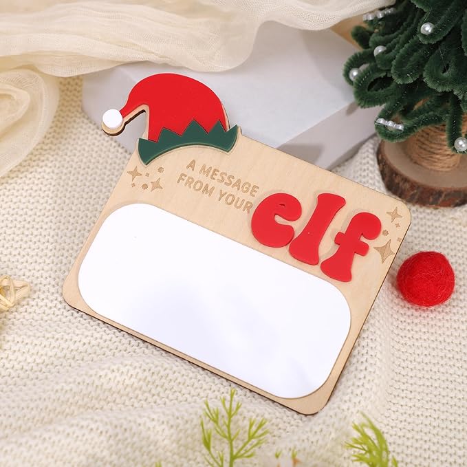 Christmas Elf Message Board - Christmas Holiday Decorations,A Message from Your Elf Sign,Reusable Dry Erase Wooden Board,Santa Magical Party Decorations