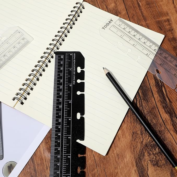 Bookmark Rulers, 4 Pcs Black and Clear Plastic Binder Ruler Notebook Rulers A5 6-Ring Page Marker Divider Pagefinder Measuring Today Ruler with Holes Book Marker