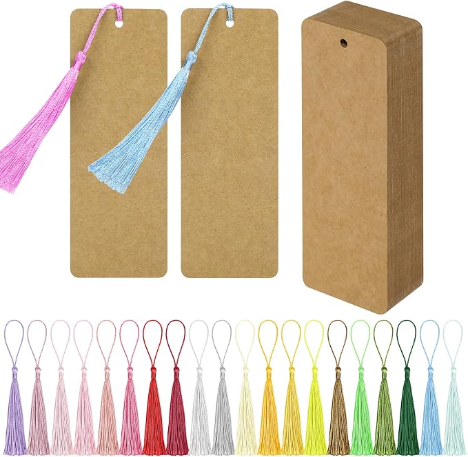 102 pcs Blank Bookmarks with Colorful Tassels – 350gsm Cardstock Bookmark Blanks for DIY Crafts, Holiday Gift Tags, Classroom Projects & Reading Rewards – 5.5 x 2 inch Bookmark Kit (Brown)