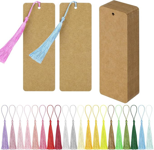 102 pcs Blank Bookmarks with Colorful Tassels – 350gsm Cardstock Bookmark Blanks for DIY Crafts, Holiday Gift Tags, Classroom Projects & Reading Rewards – 5.5 x 2 inch Bookmark Kit (Brown)