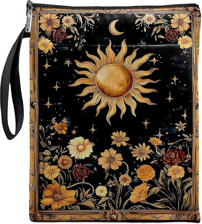 Mystic Sun and Moon Tarot Book Cover, Waterproof Book Sleeve with Zippered Front Pocket Retro Flowers Book Pouch for Book Lovers, Christmas, Birthday, Graduation Gifts (Flower&Moon, Large)