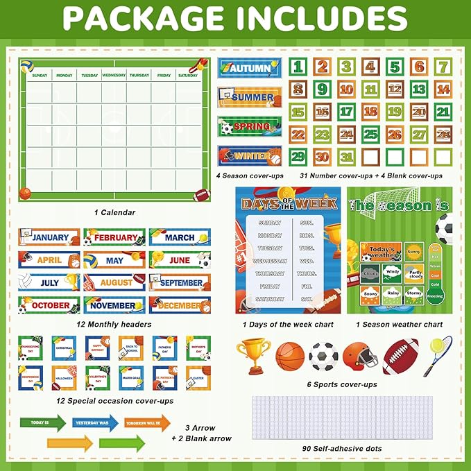 Sports Football Calendar Bulletin Board Set for Classroom Decoration Basketball Soccer Calendar Seasons Weather Chart Sport CTP Bulletin Board Paper-Cuts for Teachers Elementary School Classroom