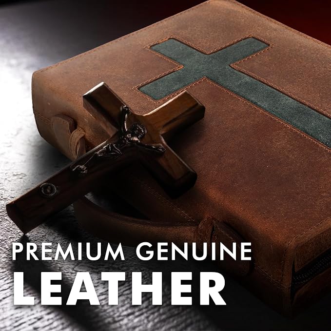 ELIZO Leather Bible Cover Bible Case for Men Women Genuine Leather Bible Bag Holder Cross Large Carrying with Zipper Case Protector Christian Religious Gifts for Mens Pioneer (Saddle/Green, Small)