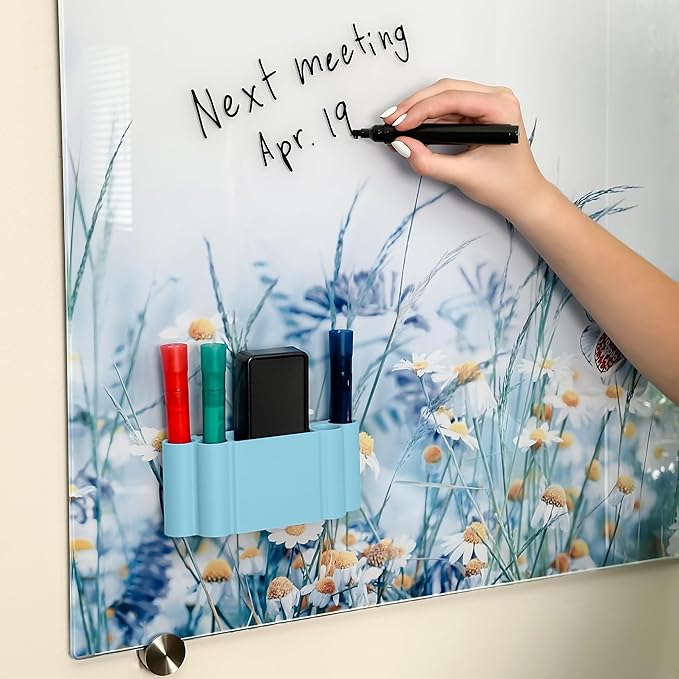 Glassboard Studio Magnetic Dry Erase Marker Holder - Super Strong for Magnetic Glass Whiteboard or Fridge - 2 Large Neodymium Magnets - No Slip Grip - Eco-Friendly PLA Plastic (Ice Blue)