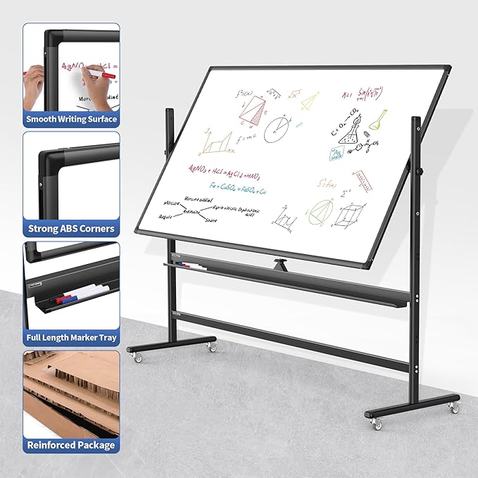 72" x 48" Double-Sided Mobile Whiteboard with Stand, Extra Large Rolling Magnetic Dry Erase Board, Reversible Black Frame Whiteboard for Office, Classroom, Heavy-Duty Presentation Easel