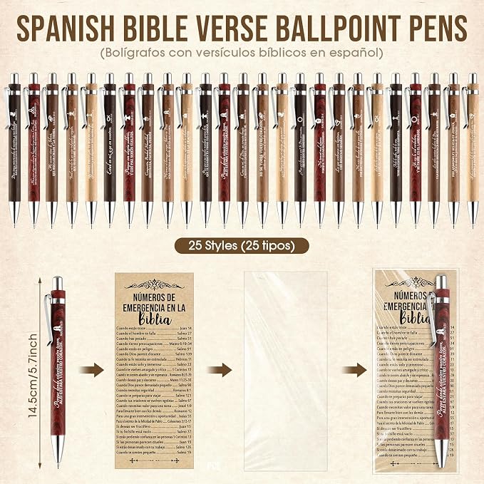 Feifeiya 50 Sets Christian Fathers Day Pens Bulk Bible Verse Religious Ballpoint Bamboo Pens with Bible Verse Emergency Numbers Bookmarks Church Gifts for Women Men Pastor Godfather Teacher (Spanish)