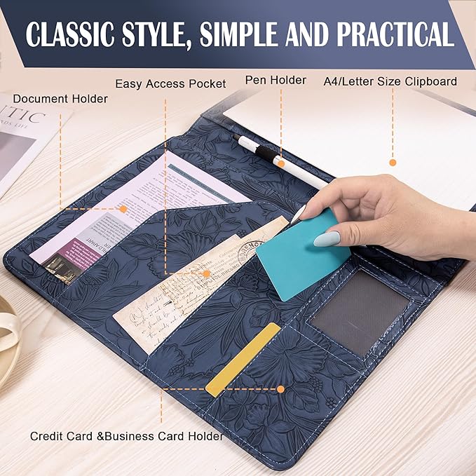 Free Engraved Name,Embossed Padfolio Portfolio PU Leather Binder,Interview Resume Folder,Business Card Holder, Organizer with A4 Legal Pads for Men Women(Blue,Custom)