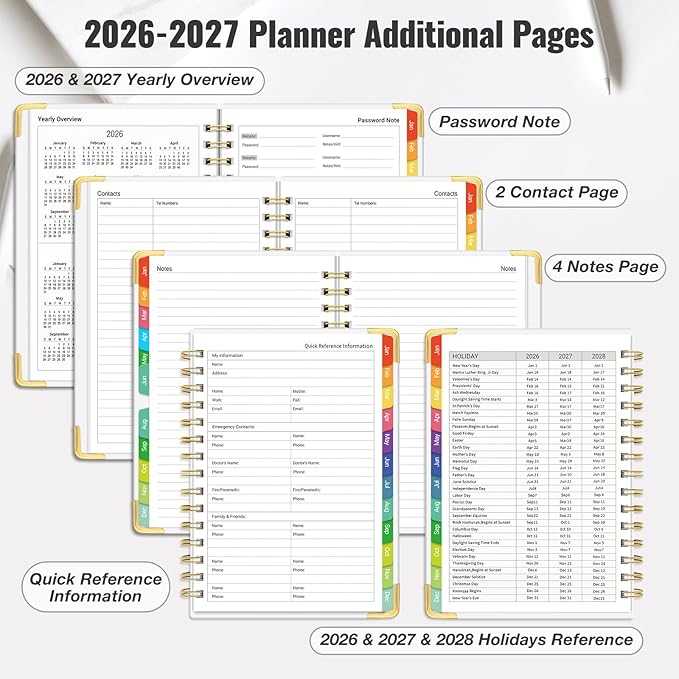 Daily Planner 2026-2027, 18 Month Planner with Tabs, January 2026 - June 2027 Weekly and Monthly Academic Year Calendar Spiral Time Management, 100GSM Thick Paper, Twin-Wire Binding, A5 Size, Black and white stripes