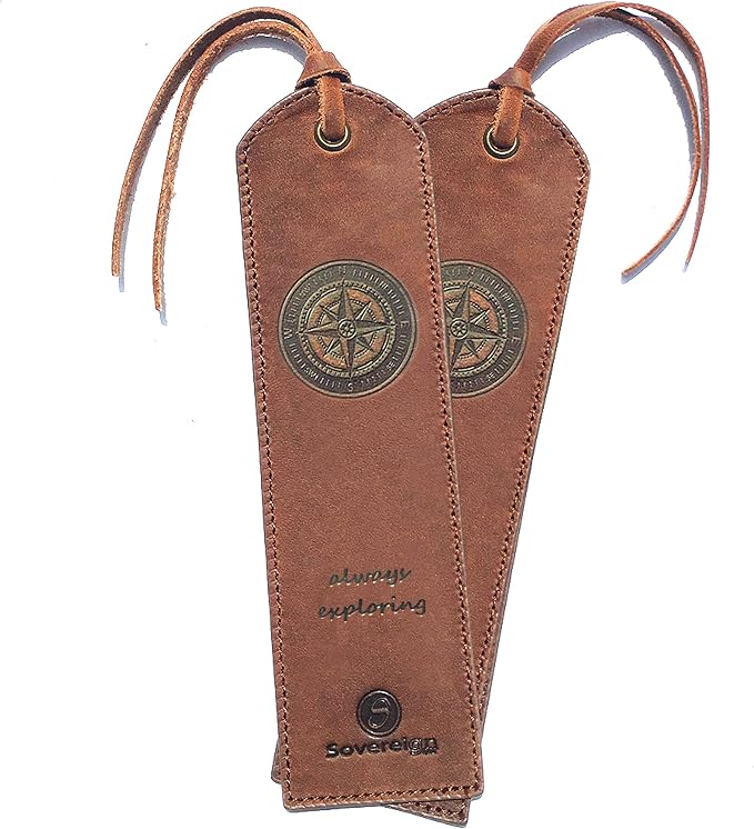 Sovereign-Gear Leather Bookmarks for Men and Women | Quality Bookmark with Nautical Compass | 2 Smooth Handmade Leather Book Markers for Book Lovers (7x2) Gift