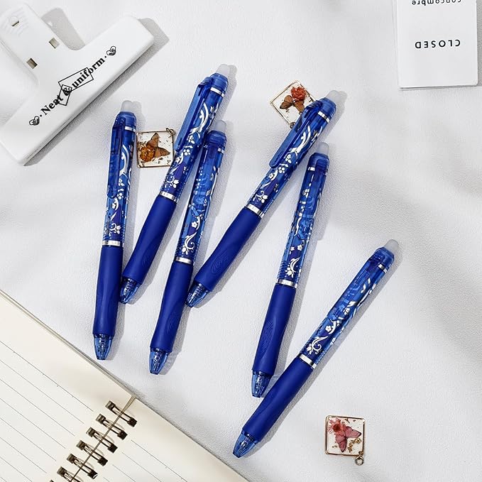 6 Pcs Retractable Erasable Pens, Colored Gel Blue Ink Pens Clicker with Erasers, 0.5mm Fine Point Smooth Writing Pen for Journaling Note-Taking Crossword Puzzles Supplies (Blue)