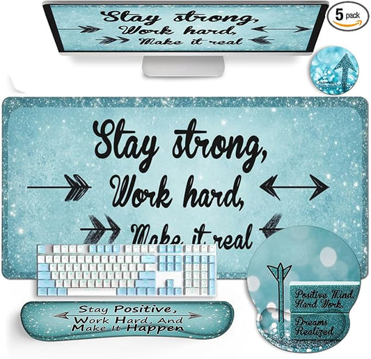 AQQA Desk Mat Desk Pad,5in1 XXL Mousepad + Keyboard Wrist Rest+Mouse Wrist Rest+Coaster Set with Ergonomic Desk Pad for Home Office Desk Accessories Decor Supplies,Stay Positive