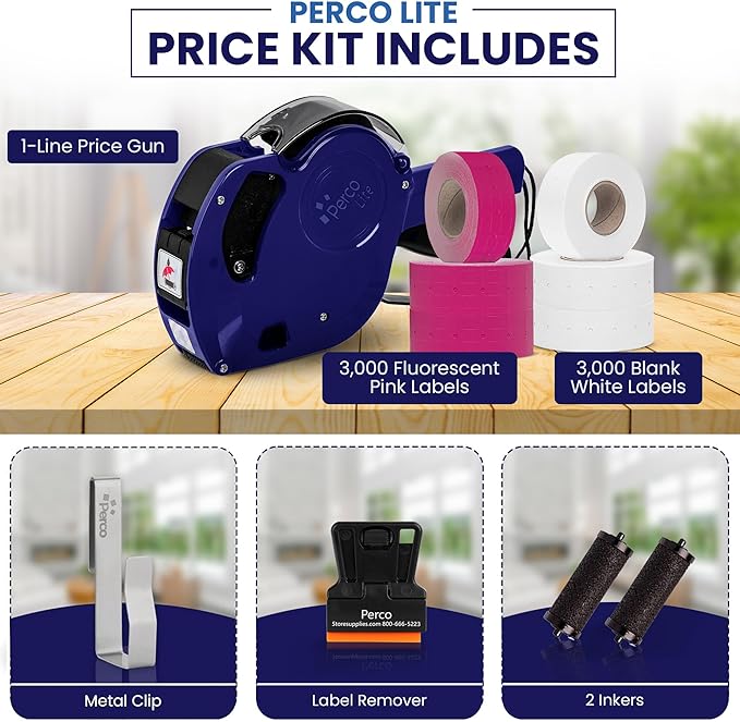 Perco Lite 1 Line Price Gun with Labels Kit - Includes 3 White Rolls, 1 Gun Clip, 3 Fluorescent Pink Rolls, 2 Ink Rollers, 1 Ink roll and Labels Pre-Loaded