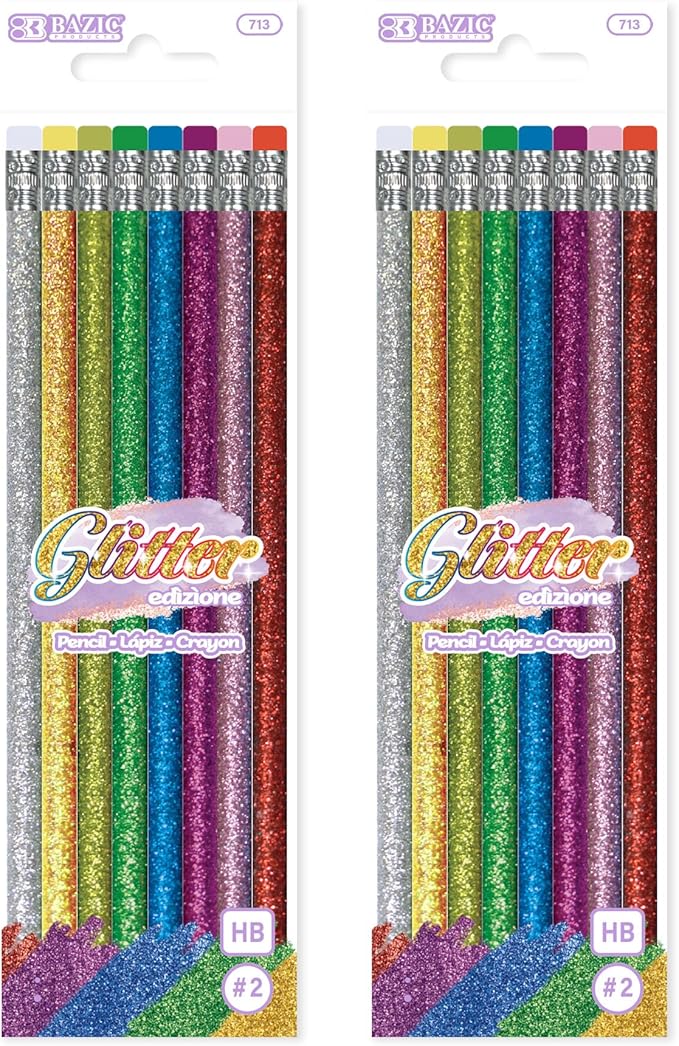 BAZIC PRODUCTS Metallic Glitter Pencil w/Eraser, Latex Free Eraser, Unsharpened Rewards Glitter Pencil (8/Pack), 2-Packs
