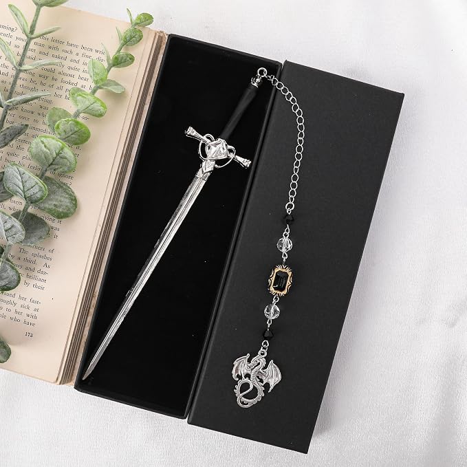 Fantasy Dragon Sword Bookmark - Vintage Metal Book Marks for Men Women Students Teachers Reader Page Mark with Crystal Beads Sliver Dragons Charm Reading Lovers Birthday Gifts Accessories