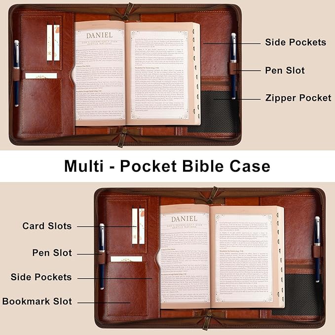 Extra Large Bible Cover Case for Men Women, Mens Bible Covers Cases Leather Bible Cover Carrying Case for Women Men with Handle Zippered Bible Book Cover Holder Bag Case (Brown, XL)