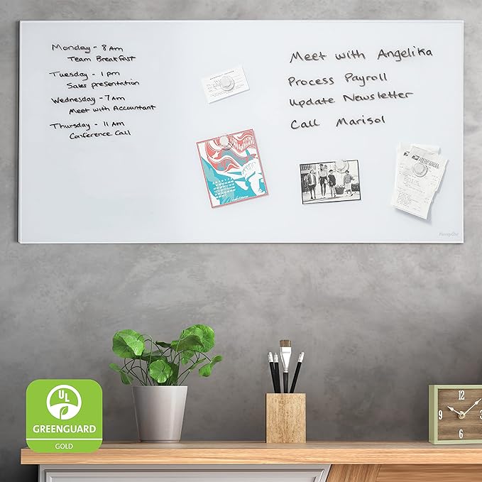 ECR4Kids MessageStor Magnetic Dry-Erase Glass Board with Magnets, 18in x 36in, Wall-Mounted Whiteboard, White