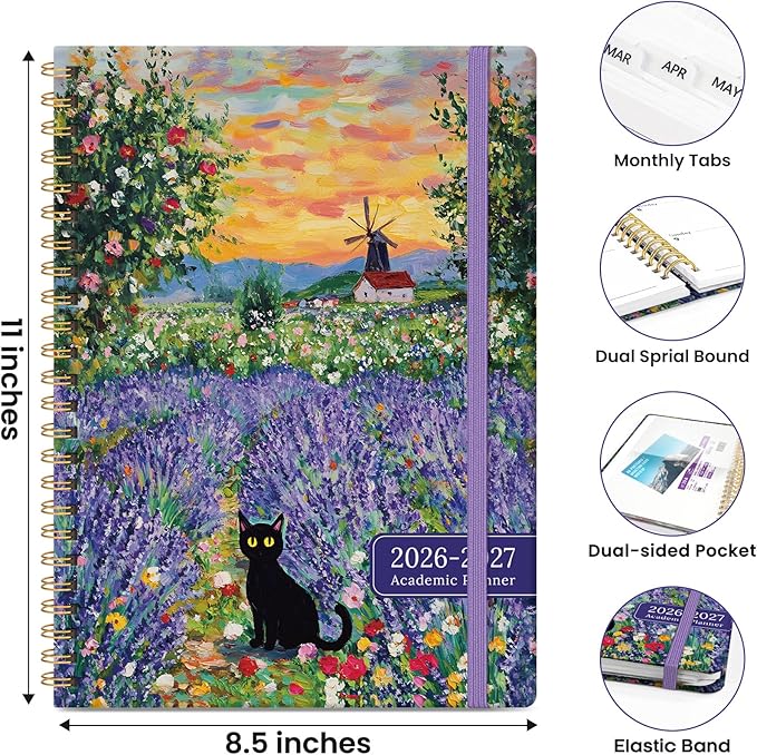 Planner 2026-2027, Monthly and Weekly Academic Planner July 2026 - June 2027, Hardcover Student Teacher Planning Agenda Calendar Book with Tabs, Perfect for Office School Supplies, A4 (8.5" x 11") - Lavender Dusk