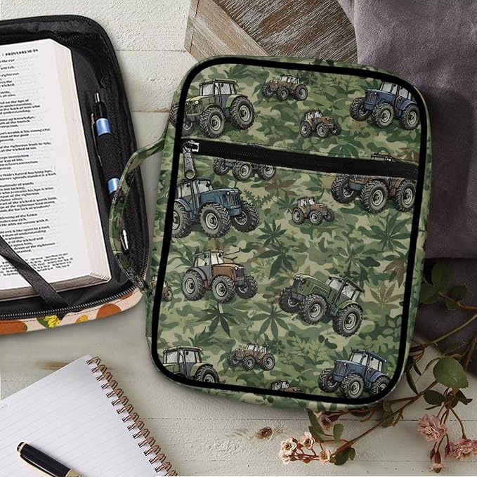 Coldinair Tractor Camo Jungle Large Bible Cover with Handle and Bookmark Bible Carrying Book Case for Women Protective Church Bag