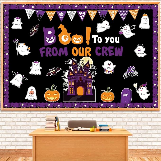 112pcs Halloween Bulletin Board Decoration Set Cute Ghost Name Tag Paper Cutouts Pull the Flag Pumpkin Bat Spider Tombstone Ghost House Cut Outs for Halloween School Home Office Wall Decor