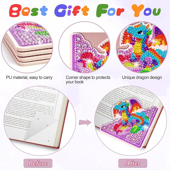 WIVICO 4 pcs Diamond Painting Bookmarks, DIY Diamond Art Kits for Adults, Book Corner - Protecting Bookmark Craft Supplies Kits for Book Lovers(Dragon)