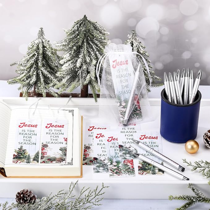 Dispowreath 24 Pcs/ 12 Sets Christian Gifts Bulk for Christmas Jesus is The Reason Gifts, 12 Winter Bible Verse Pen 12 Christian Bookmarks Religious for Church Sunday School Class Prizes Party Favors