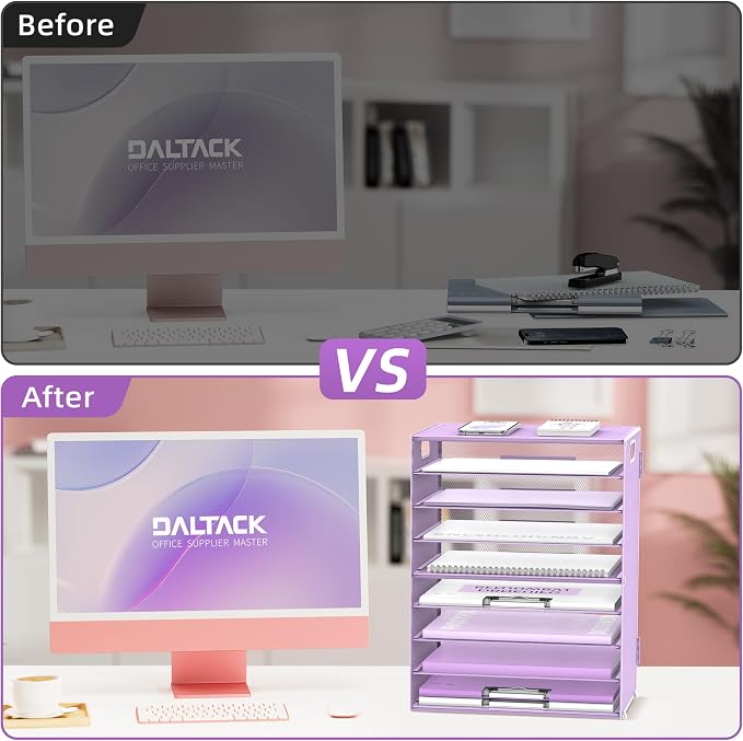 DALTACK 9-Tier Paper Organizer for Desk, Mesh Letter Tray Desk Organizer with Handles, Space-Saving File Organizer for Office Home School, Purple