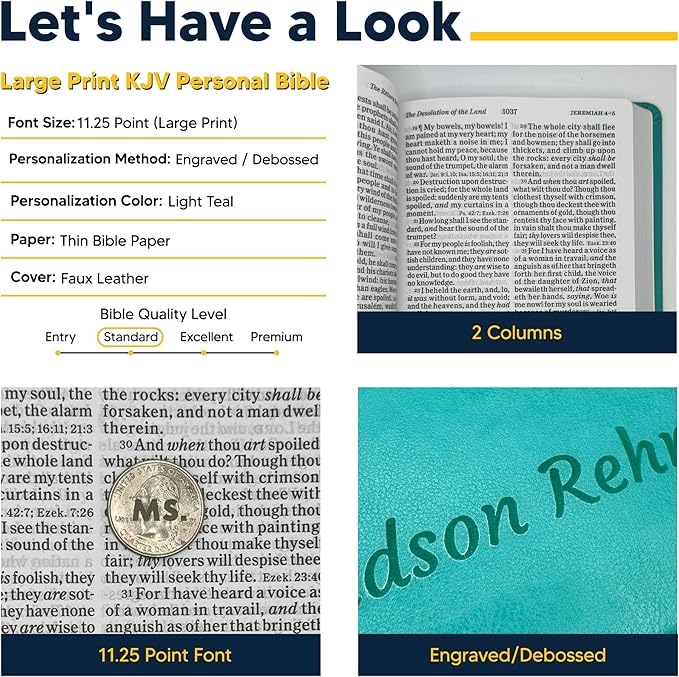 Personalized KJV Reference Holy Bible Teal Faux Leather Large Print Size | Custom with 1 Row of Text | Gift for Christian & Religious Celebrations