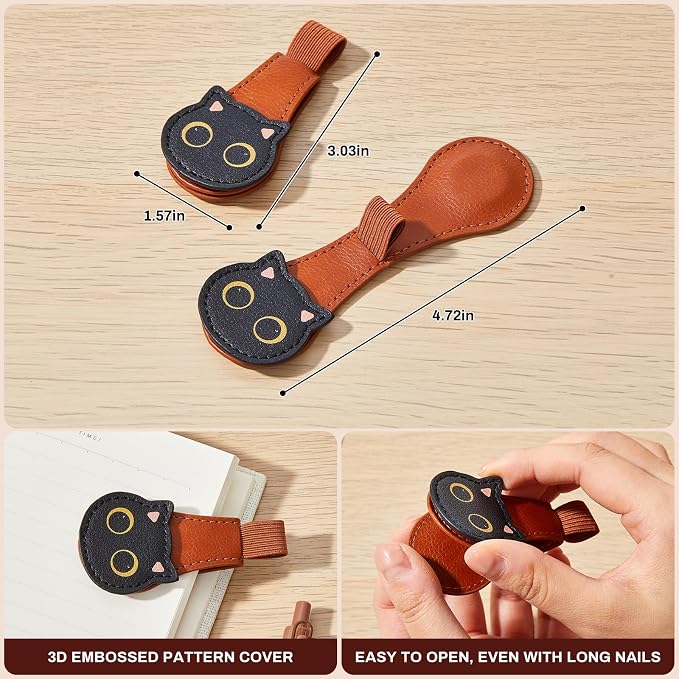 2Pcs Magnetic Bookmarks with Gift Box Magnetic Pen Holder for Notebook Cat Book Marks Clip Gift for Book Lover Readers Cute PU Leather Bookmark for Women, Cat (Brown+Brown)