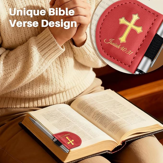 Personalized Magnetic Leather Bookmark with Pen Holder - Bygone Mark Custom Bible Verse Bookmarker,Book Marker for Men & Women,Book Lovers,Readers,Church(Red,Philippians 4:13)