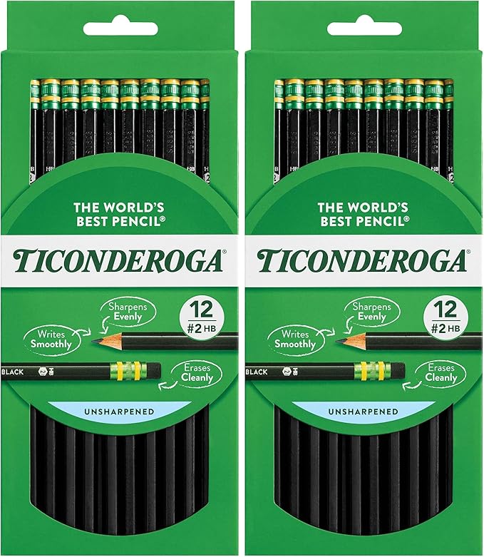 Ticonderoga Pencils, 2 HB Soft, Black | Wood-Cased | Unsharpened | 24 Count Total