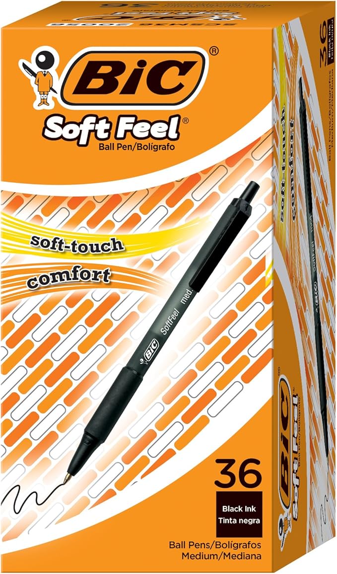 BIC Soft Feel Black Retractable Ballpoint Pens, Medium Point (1.0mm), 36-Count Pack, Black Pens With Soft-Touch Comfort Grip, Pack of 12