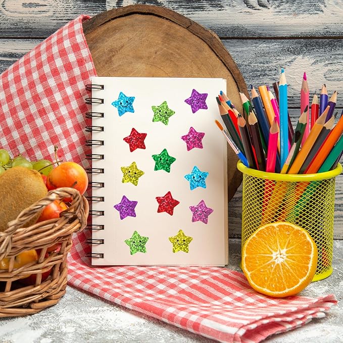 1000Pcs Smiley Face Star Stickers - 1 Inch Glitter Sparkly Reward Stickers, 8 Colors Self-Adhesive Foil Decals for Kids, Teacher Classroom Supplies, Planners, Scrapbooking & DIY Crafts