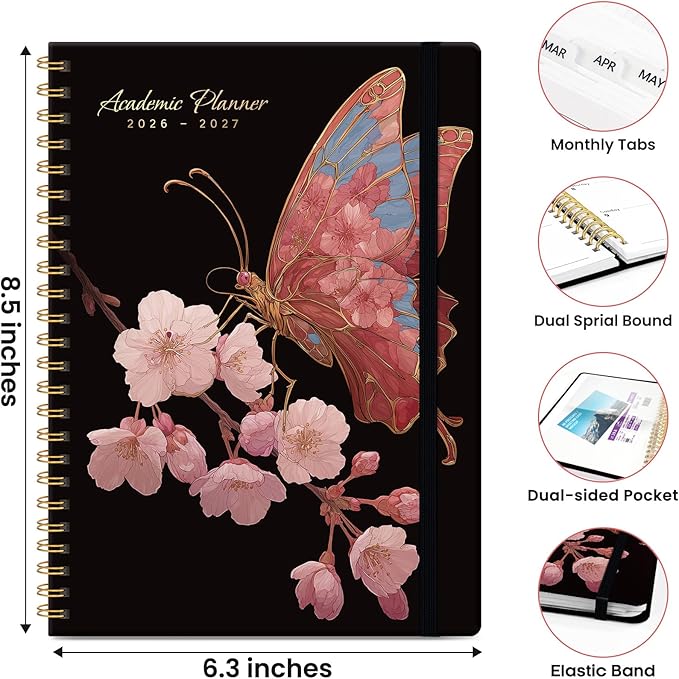Planner 2026-2027, Monthly and Weekly Academic Planner July 2026 - June 2027, Hardcover Student Teacher Planning Agenda Calendar Book with Tabs, Perfect for Office School Supplies, A5 (6.3" x 8.5") - Blossom Flight