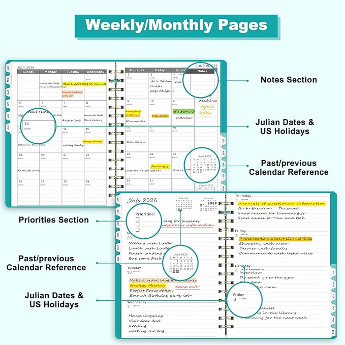 Ymumuda 2026 Planner, Daily Weekly and Monthly Planner，Jan 2026 - Dec 2026, 8.4" x 6.3", 2026 Calendar Planner Book with Tabs, Spiral Notebook with Inner Pocket for Office Home School Supplies