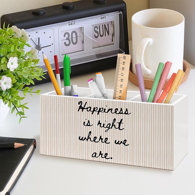 Motivational Pen Holder, Inspirational Office Pen Pencil Holder Organizer for Desk Accessories, Happiness Is Right Where We Are Striped Wooden Box Desk Decor for Home Office Desk Decorations